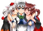  :&lt; animal_ears blue_eyes blush braid breast_grab breasts brooch brown_hair cleavage collarbone detached_sleeves dress fang grabbing hand_on_breast hat highres imaizumi_kagerou inubashiri_momiji izayoi_sakuya jewelry large_breasts long_hair long_sleeves looking_at_viewer maid maid_headdress multiple_girls one_eye_closed open_mouth red_eyes ribbon short_hair silver_hair simple_background tail tears tokin_hat touhou twin_braids white_background wolf_ears wolf_tail yazuki_gennojou 