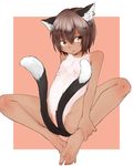  :3 animal_ears brown_eyes brown_hair cat_ears cat_tail chen convenient_censoring earrings flat_chest jewelry looking_away moguri_m multiple_tails nipples nude one-piece_tan simple_background solo spread_legs tail tail_censor tan tanline touhou 