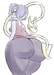  1girl ass cerealharem huge_ass leviathan_(skullgirls) looking_back red_eyes simple_background skullgirls smile squigly_(skullgirls) stitched_mouth tank_top yoga_pants zombie 