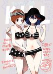  2girls bikini black_hair blue_eyes bob_cut bobcut breasts brown_eyes brown_hair hat kill_la_kill multiple_girls navel omame_(syuphong) simple_background smile sun_hat sunhat swimsuit 