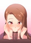  1girl :&gt;= animated animated_gif black_bar blush breasts brown_hair censored fellatio hanon_(heartofsword) heart heart-shaped_pupils idolmaster interracial long_hair minase_iori nipples nude oral penis pov red_eyes symbol-shaped_pupils 