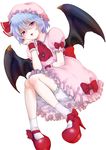  ascot bat_wings bloomers blue_hair bow chin_rest frills hat hat_bow high_heels mob_cap moguri_m purple_eyes red_bow red_footwear remilia_scarlet shoe_bow shoes short_hair simple_background skirt skirt_set solo touhou underwear white_background wings wrist_cuffs 