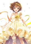  :d brown_eyes brown_hair dress gloves honda_mio idolmaster idolmaster_cinderella_girls mizuki_makoto open_mouth short_hair smile solo tiara yellow_dress 