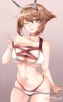  ;p alternate_costume alternate_eye_color artist_name bikini_pull breasts brown_hair gradient gradient_background headband kantai_collection large_breasts looking_at_viewer midriff mutsu_(kantai_collection) navel okitakung one_eye_closed red_eyes short_hair skindentation solo swimsuit tongue tongue_out underboob 