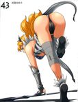  1girl armor ass bandage bare_shoulders bikini_armor black_panties blonde_hair blue_eyes blush breasts elina fur gloves highres loincloth long_hair looking_at_viewer looking_back number official_art panties polearm queen&#039;s_blade queen's_blade simple_background solo spear thighs tiger_print underwear weapon white_background 