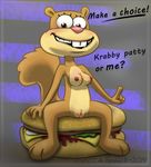  2014 404bot anthro breasts burger english_text female food mammal nipples nude pussy rodent sandy_cheeks solo spongebob_squarepants spread_legs spreading squirrel text 