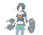  ? bad_id bad_pixiv_id black_hair blue_eyes bow cosplay crop_top crossdressing green_skin green_skirt gumi. hair_bow high_ponytail kantai_collection look-alike male_focus midriff mole mole_under_eye navel pantyhose pleated_skirt short_sleeves simple_background sketch skirt solo speech_bubble spoken_question_mark sweat touken_ranbu white_background yamato-no-kami_yasusada yuubari_(kantai_collection) yuubari_(kantai_collection)_(cosplay) 