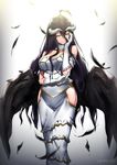  albedo black_feathers black_hair black_wings breasts demon_horns dress feathered_wings feathers gloves hand_on_own_cheek hand_on_own_face hip_vent horns large_breasts long_hair low_wings overlord_(maruyama) pyz_(cath_x_tech) solo wings yellow_eyes 