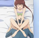  1boy 1girl barefoot bed blush bra cunnilingus feet hand_on_another's_head hand_on_head kissxsis leg_lock long_hair open_mouth oral screencap stitched suminoe_keita suminoe_riko underwear 