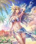  anbe_yoshirou arm_behind_head arm_up armlet armpits artist_name avalon_no_kishi bangle bangs beach bikini blonde_hair blue_bikini blue_sky bracelet breasts brown_eyes building castle character_request choker cleavage cliff cloud company_name cross day feathers floating_hair flower hair_feathers hair_flower hair_ornament jewelry leaf long_hair looking_at_viewer medium_breasts midriff navel necklace official_art outdoors palm_tree parted_lips pendant petals plant sand sarong shinma_x_keishou!_ragnabreak sky solo spire standing sweat swimsuit tiara tower tree water watermark wet 