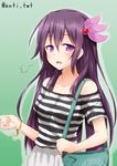  alternate_costume anti_(untea9) bag bare_shoulders bracelet casual collarbone contemporary crescent green_background hair_ornament handbag highres jewelry jpeg_artifacts kantai_collection kisaragi_(kantai_collection) long_hair looking_at_viewer off-shoulder_shirt open_mouth purple_eyes purple_hair shirt simple_background solo striped striped_shirt twitter_username 