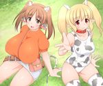  1girl animal_ears bag belt blonde_hair borrowed_character breasts brown_eyes brown_hair collar cow_ears cow_girl cow_horns cow_print cow_tail female gradient gradient_background hair_ornament horns horuta_suin huge_breasts miniskirt multiple_girls ohagi_(hurimaro_metayaki) original outdoors pointy_ears red_eyes school_swimsuit shirt sitting skirt tail thighhighs thighs twintails 
