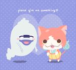  blush_stickers cat chuno closed_eyes english fangs fire ghost haramaki heart jibanyan multiple_tails no_humans notched_ear open_mouth purple_background purple_lips tail tail-tip_fire two_tails whisper_(youkai_watch) youkai youkai_taisou_dai-ni youkai_watch 