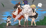  4girls apron ascot black_hair blank_eyes blonde_hair boots bow brown_boots camera cloud covering cross-laced_footwear detached_sleeves eyes_closed hair_bow hair_ornament hair_ribbon hair_tubes hakurei_reimu japanese_clothes kirisame_marisa knee_boots lace-up_boots long_hair long_sleeves mary_janes miko multiple_girls no_hat open_mouth panties pantyshot pom_pom_(clothes) puffy_sleeves ribbon shameimaru_aya shirt shoes short_hair short_sleeves skirt sky socks speech_bubble string tabard taking_picture terimayo text thighhighs touhou translated underwear upskirt waist_apron white_legwear white_panties wide_sleeves wind wind_lift yakumo_yukari ze_(phrase) 