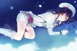  blue_hair detached_sleeves hair_ribbon hat kneehighs long_hair looking_at_viewer love_live! love_live!_school_idol_project lpip lying on_side ribbon snow_halation solo sonoda_umi white_legwear yellow_eyes 