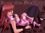  amane_kk black_legwear breasts chinese_clothes cleavage commentary_request elfen_lied high_heels horns long_hair looking_at_viewer looking_back lucy nyuu open_mouth pink_hair red_eyes short_hair smile solo thighhighs 
