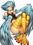  ahoge blue_hair blue_wings breasts covered_nipples feathered_wings feathers full_body fumio_(rsqkr) harpy monster_girl monster_musume_no_iru_nichijou papi_(monster_musume) scales short_hair short_shorts shorts simple_background small_breasts smile solo talons tank_top thighs white_background wings yellow_eyes 