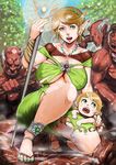  anklet blonde_hair breasts child cleavage comic ear_piercing elf gigantic_breasts green_eyes highres jewelry mokuzou multiple_girls necklace piercing pixiv_fantasia pixiv_fantasia_fallen_kings pointy_ears sandals staff wristlet 