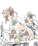  3girls ajishio apron cooking hair_bobbles hair_ornament hand_on_another's_head ladle love_live! love_live!_school_idol_project multiple_girls open_mouth petting red_eyes short_twintails siblings side_ponytail skirt smile twintails yazawa_kokoa yazawa_kokoro yazawa_kotarou yazawa_nico 