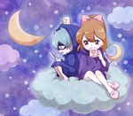  1girl brown_hair chuno cloud crescent crescent_moon cup drinking green_hair handheld_game_console high_ponytail hood kodama_fumika long_hair moon mug nintendo_3ds sitting slippers star tail tetsuya_(youkai_watch) youkai youkai_watch 