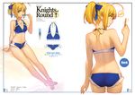  ahoge artoria_pendragon_(all) ass azusa_(hws) back bare_shoulders barefoot bikini blonde_hair blue_bikini breasts cleavage commentary_request fate/stay_night fate_(series) food green_eyes hair_ribbon long_hair looking_at_viewer multiple_views navel ponytail popsicle ribbon saber sitting small_breasts smile swimsuit 