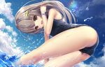  adjusting_hair bare_arms bow cameltoe cloud day from_below hair_ribbon highres looking_at_viewer md5_mismatch missile228 one-piece_swimsuit original ribbon school_swimsuit sky smile solo splashing swimsuit wading water water_drop wet wristband 