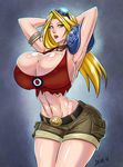  1girl abs armpits arms_behind_head arms_up belle_walker belt blonde_hair blue_eyes breasts cleavage curvy devil-v gradient gradient_background hips huge_breasts lipstick long_hair looking_at_viewer makeup muscle navel parted_lips shorts solo thighs toned torn_clothes wide_hips wildstar 