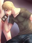  2boys axis_powers_hetalia blonde_hair fellatio male_focus multiple_boys oral penis_grab sitting tame undressing yaoi 