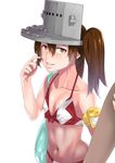  arm_holding bare_shoulders bikini brown_hair flat_chest grin hair_between_eyes jack_hamster kantai_collection light_smile long_hair looking_at_viewer navel ryuujou_(kantai_collection) simple_background smile solo_focus swimsuit twintails visor_cap white_background 