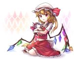  ascot blonde_hair character_doll crop_top crystal flandre_scarlet frilled_skirt frills full_body hat hat_ribbon looking_at_viewer midriff minust mob_cap navel pointy_ears red_eyes remilia_scarlet ribbon short_sleeves side_ponytail sitting skirt slit_pupils smile solo touhou vest wings 