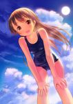  :d blush brown_eyes brown_hair cloud commentary_request day half_updo hands_on_own_knees highres long_hair looking_at_viewer old_school_swimsuit one-piece_swimsuit open_mouth original school_swimsuit shiny shiny_clothes sky smile solo swimsuit takoyaki_(roast) 