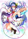 bass_clef beamed_eighth_notes beamed_sixteenth_notes blouse blue_hair blush boots bow eighth_note guitar headphones hinanawi_tenshi instrument long_hair looking_at_viewer musical_note nakaichi_(ridil) open_mouth puffy_short_sleeves puffy_sleeves quarter_note red_bow red_eyes shirt short_sleeves smile solo touhou treble_clef white_shirt 