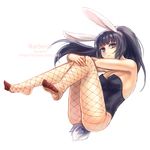  aken animal_ears bare_shoulders black_hair bunny_ears bunny_tail bunnysuit feet fishnet_pantyhose fishnets grey_eyes leotard long_legs narberal_gamma overlord_(maruyama) pantyhose ponytail soles solo tail 