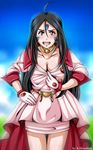  aa_megami-sama ahoge bad_id bad_pixiv_id black_hair blush breasts brown_eyes cleavage dress_pull earrings facial_mark forehead_mark himeshima_koukichi jewelry long_hair looking_at_viewer medium_breasts necklace skuld solo 