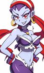  bandana blue_skin breasts cleavage earrings grin hands_on_hips hoop_earrings jewelry medium_breasts midriff navel necklace purple_hair red_eyes risky_boots scott_bennett shantae_(series) simple_background skull smile solo white_background wrist_cuffs 