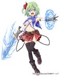  :d blue_eyes breasts cleavage detached_sleeves dodome-iro_mayonnaise gloves green_hair magic_circle medium_breasts navel o-ring o-ring_top official_art open_mouth original pentagram quiz_of_walkure short_hair smile solo thighhighs weapon 