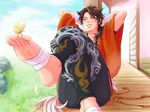 arms_behind_head bandaged_arm bandages blue_sky brown_hair bug butterfly closed_eyes day foreshortening fukai_(yas_lions) grass insect leaning_back male_focus mutsu-no-kami_yoshiyuki rock sitting sky solo tail touken_ranbu 
