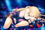  alcohol blonde_hair blush bottle cup long_hair masu open_mouth petals sakazuki sake sake_bottle sleeping solo tokiame touhou watatsuki_no_toyohime water 