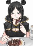  1girl black_eyes black_hair blush breasts cleavage cleavage_cut cleavage_cutout eating fairy_tail female food food_on_face large_breasts long_hair minerva_orlando murabito_sono2 simple_background solo 