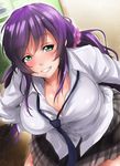  board breasts denizen_tomo green_eyes highres large_breasts love_live! love_live!_school_idol_project necktie papers purple_hair school_uniform skirt smile solo thighhighs toujou_nozomi 