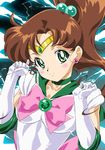  bishoujo_senshi_sailor_moon blush bow brooch brown_hair choker earrings elbow_gloves electricity flower_earrings gloves green_choker green_eyes green_sailor_collar hair_bobbles hair_ornament high_ponytail jewelry kino_makoto long_hair looking_at_viewer magical_girl oku_yukihide pink_bow ponytail sailor_collar sailor_jupiter sailor_senshi_uniform smile solo tiara upper_body w_arms white_gloves 