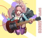  breasts electric_guitar emp_(tcrp0423) guitar headphones instrument large_breasts long_hair looking_at_viewer nitroplus open_mouth pink_hair pom_pom_(clothes) red_eyes smile solo super_sonico thighhighs 