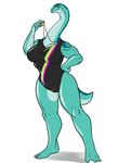  anthro big_breasts breasts camel_toe clothing eyelashes female hand_on_hip long_neck looking_at_viewer lordstevie muscles muscular_female plesiosaur simple_background smile solo swimsuit teal_eyes whistle white_background wide_hips 