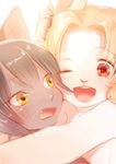  black_hair blonde_hair cat duo feline female hair kemono kiichi lagomorph mammal one_eye_closed open_mouth rabbit 