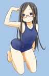  black_hair glasses highres kneeling long_hair one-piece_swimsuit original red_eyes retsumaru school_swimsuit solo swimsuit 