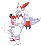  2015 anthro chubby claws clothed clothing erection fundoshi fur half-dressed jockstrap looking_at_viewer male mammal markings muscles nintendo nude penis pok&eacute;mon red_eyes sitting solo topless touei towel underwear video_games white_fur zangoose 