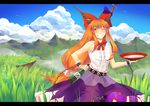  belt bird blue_sky blush bottle bow chain cloud commentary cuffs cup day euphori_cat gourd grass grin hair_bow highres holding holding_bottle horn_ribbon horns ibuki_suika long_hair mountain one_eye_closed orange_eyes orange_hair outdoors ribbon sakazuki shackles sky sleeveless smile solo touhou 