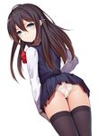  &gt;:( ass bad_id bad_twitter_id black_hair blue_eyes blush frown hair_ornament long_hair looking_at_viewer looking_back original panties ray-akila ray_littlechamber simple_background skirt solo thighhighs underwear v-shaped_eyebrows 