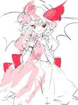  bad_id bad_twitter_id bat_wings bow dress frilled_sleeves frills hat hat_ribbon mob_cap monochrome okomeuma pink_dress puffy_short_sleeves puffy_sleeves red_bow red_eyes red_ribbon remilia_scarlet ribbon short_hair short_sleeves smile solo spot_color touhou vampire wings 