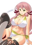  :p akashi_(kantai_collection) bandana bikini blush breasts cleavage covered_nipples green_eyes hair_ribbon highres jewelry kantai_collection large_breasts long_hair looking_at_viewer navel pink_hair ribbon ring smile solo swimsuit thighhighs tongue tongue_out tress_ribbon wedding_band yohinori 